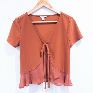Bar III Rust Orange Tie Front Layered Look Y2K Inspired Top Small